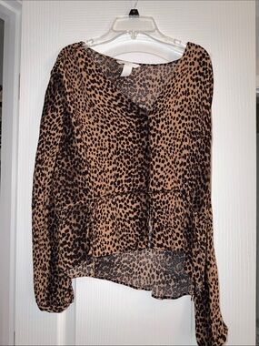 H&M Brown and Black Leopard Print V-Neck Peplum Blouse
